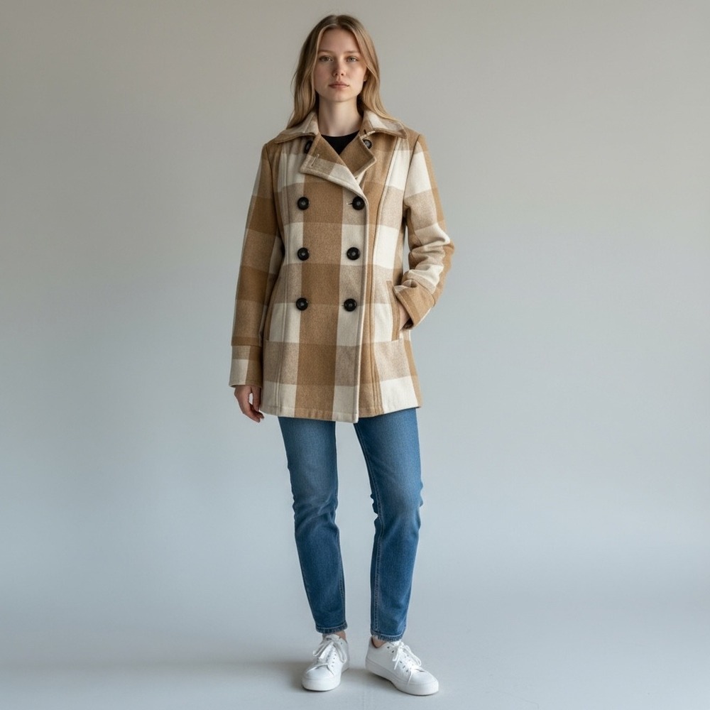 Bob Timberlake Plaid Wool Blend Pea Coat Women's Medium Tan Beige Jacket